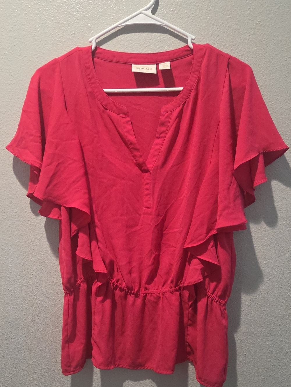 Chico's Coral Pink Ruffle Sleeve Blouse Sz 0